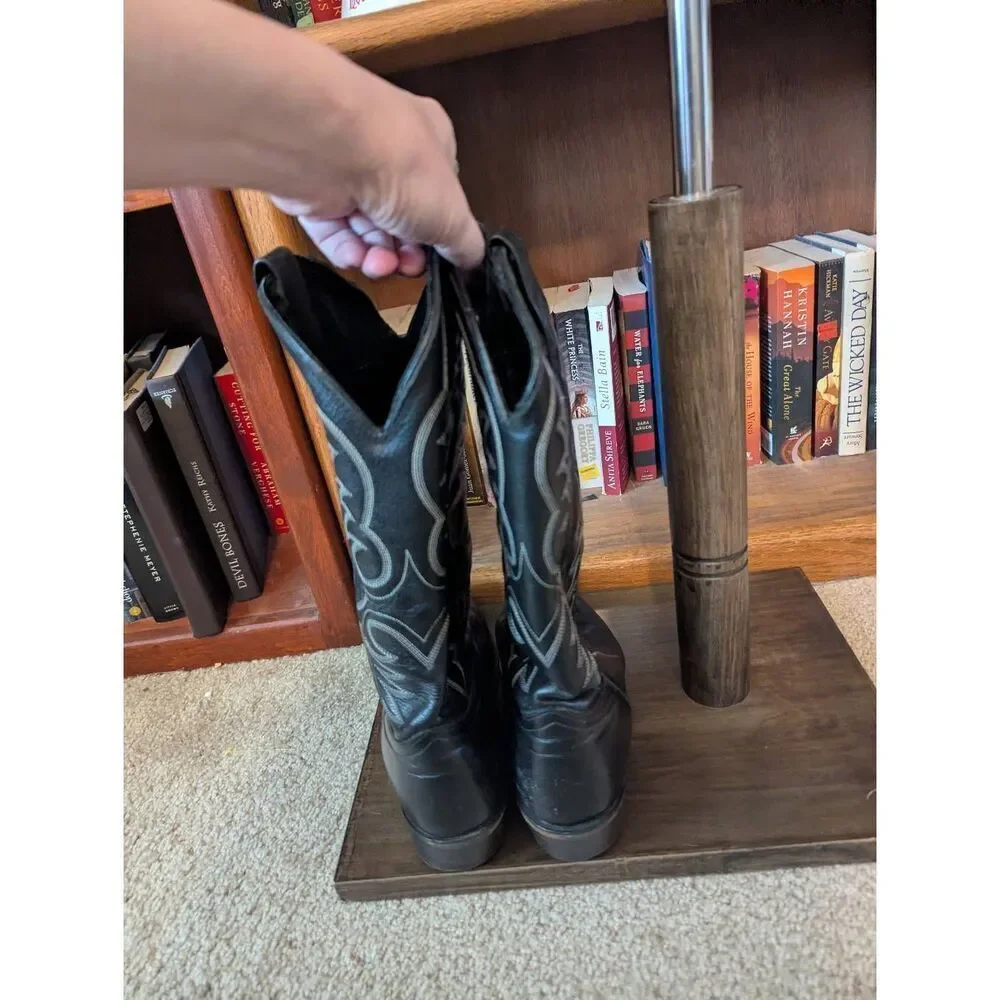 J. Chisholm Cowboy Boots  Size 9 D Black Leather Pointed Toe Stitched Pull On